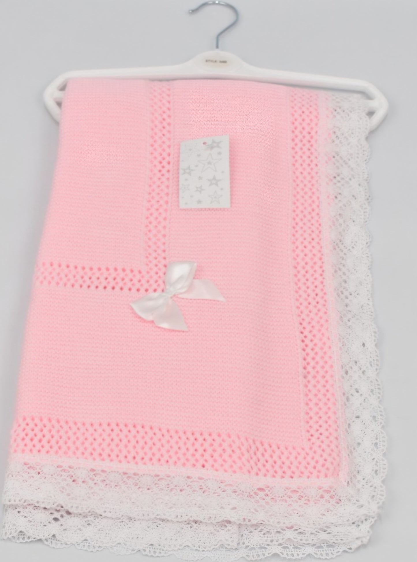 Babys pink knitted ribbon blanket shawl with lace edge