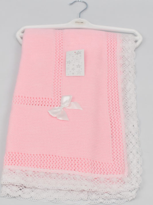 Babys pink knitted ribbon blanket shawl with lace edge