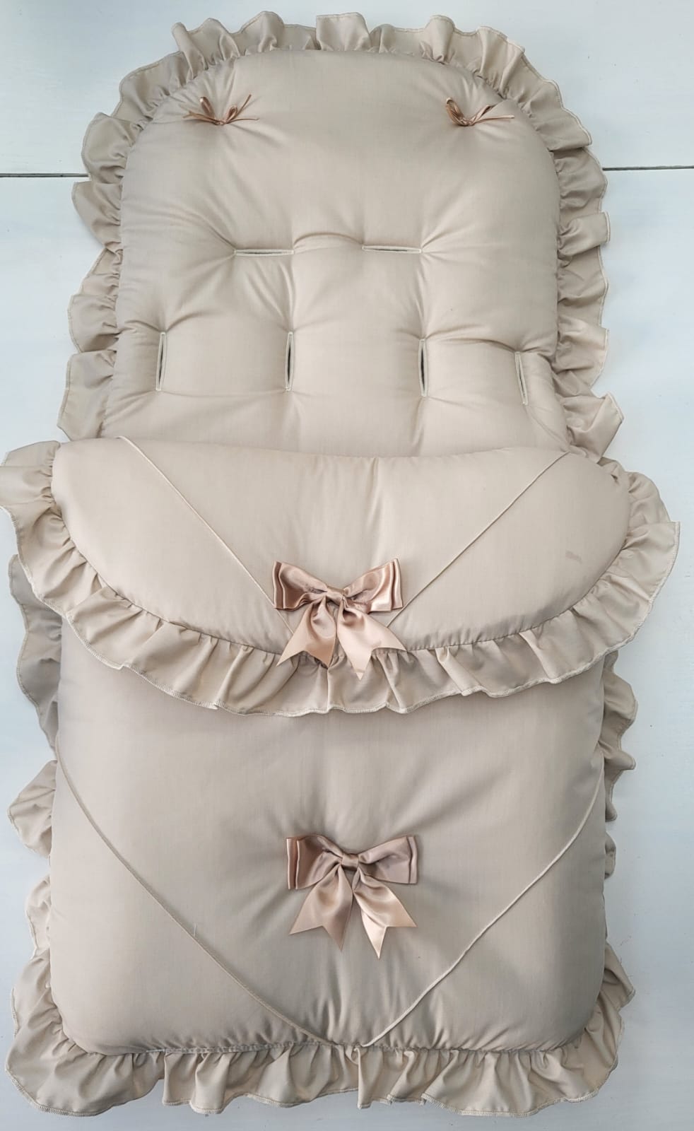 Baby Boys or girls universal pram cosytoes footmuff pram set with bows colour beige