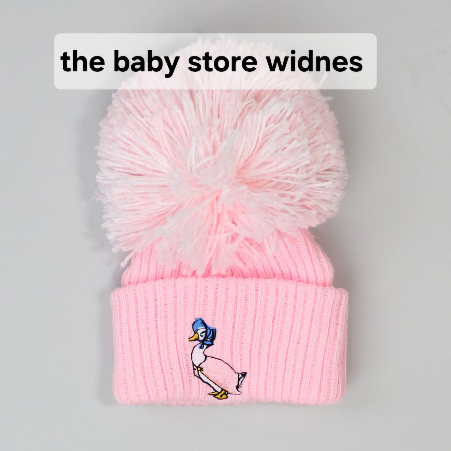 Baby Boys or girls  embroidered pom hats with peter rabbit or jemima puddle duck