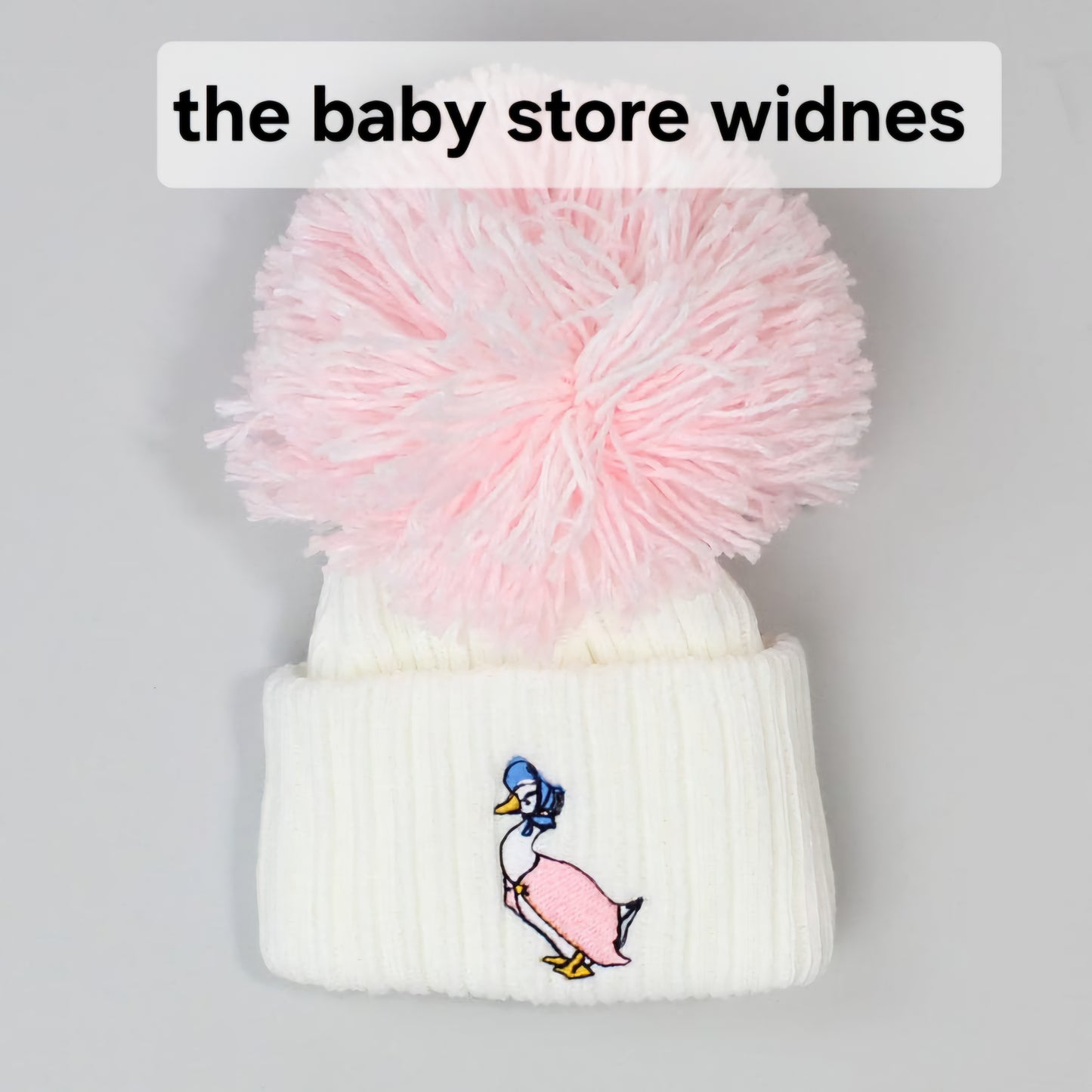 Baby Boys or girls  embroidered pom hats with peter rabbit or jemima puddle duck
