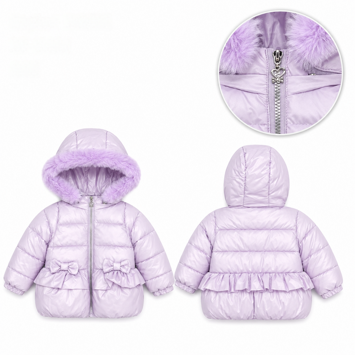 Girls  puffer jacket with bows and faux fur hood