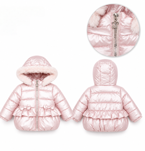 Girls puffer jacket with bows and faux fur hood