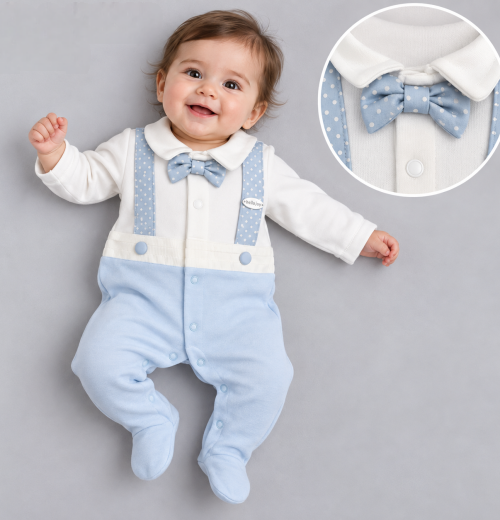 Baby  Boys  velour all in one attached braces and  bow tie  romper