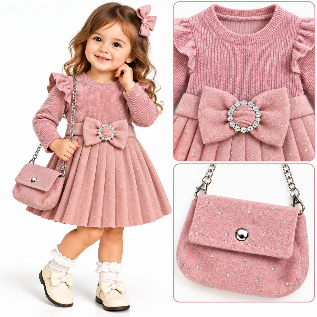 Baby girls  2 pc  diamanté pleated bow dress and purse