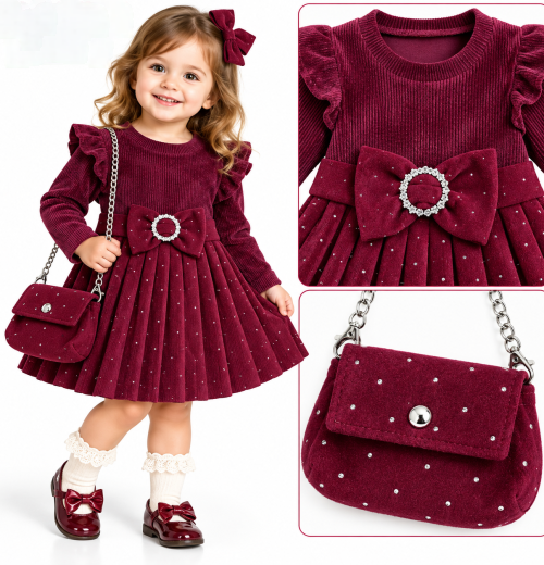 Baby girls  2 pc diamanté  pleated  bow dress and  purse