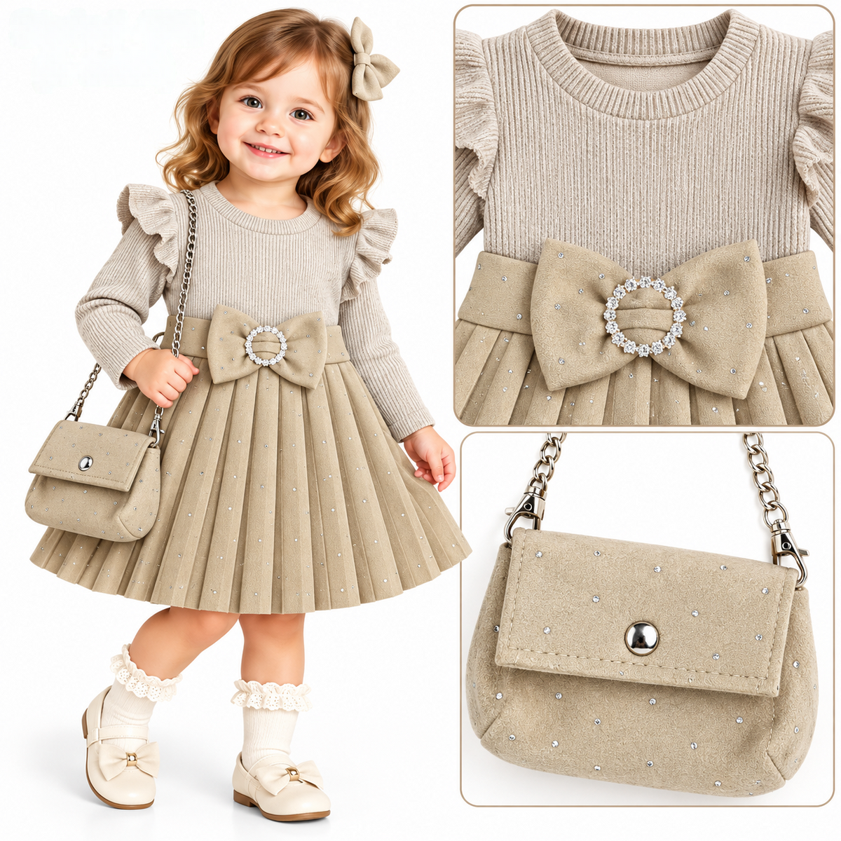 Baby girls  2 pc  diamanté  pleated bow dress and purse