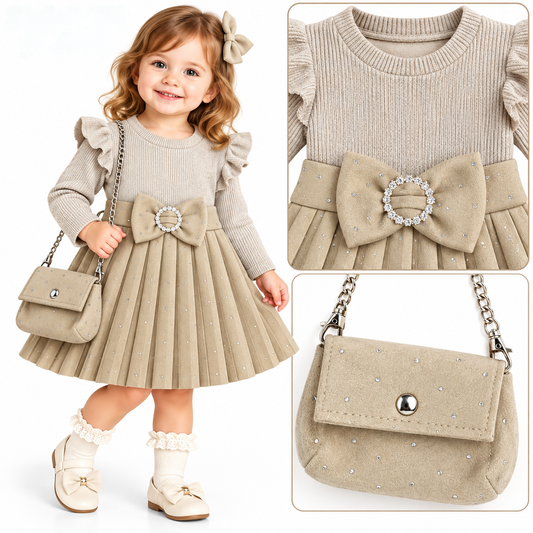 Baby girls  2 pc  diamanté  pleated bow dress and purse