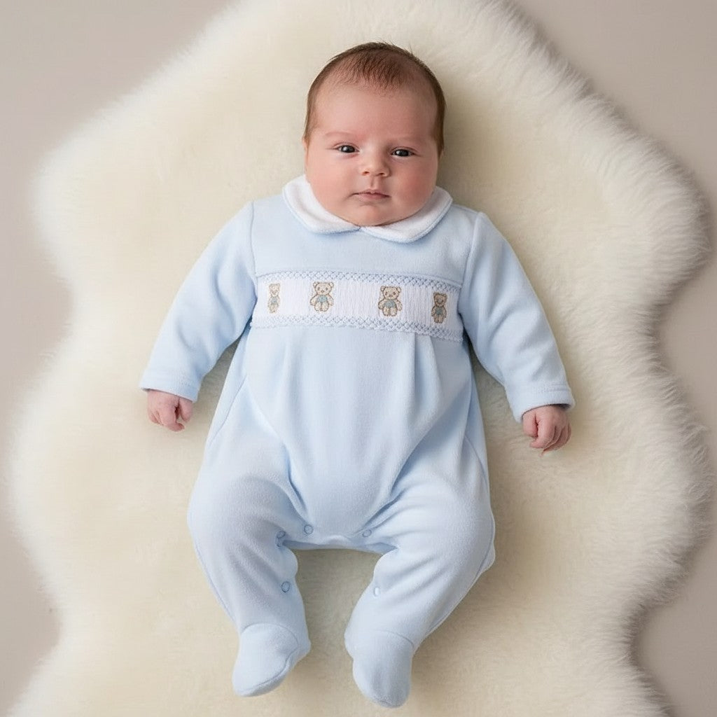Baby Boys  smocked velour   romper with teddy bear Embroidery
