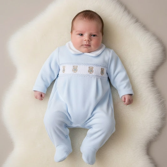 Baby Boys  smocked velour  baby  grow sleepsuit with teddy bear Embroidery