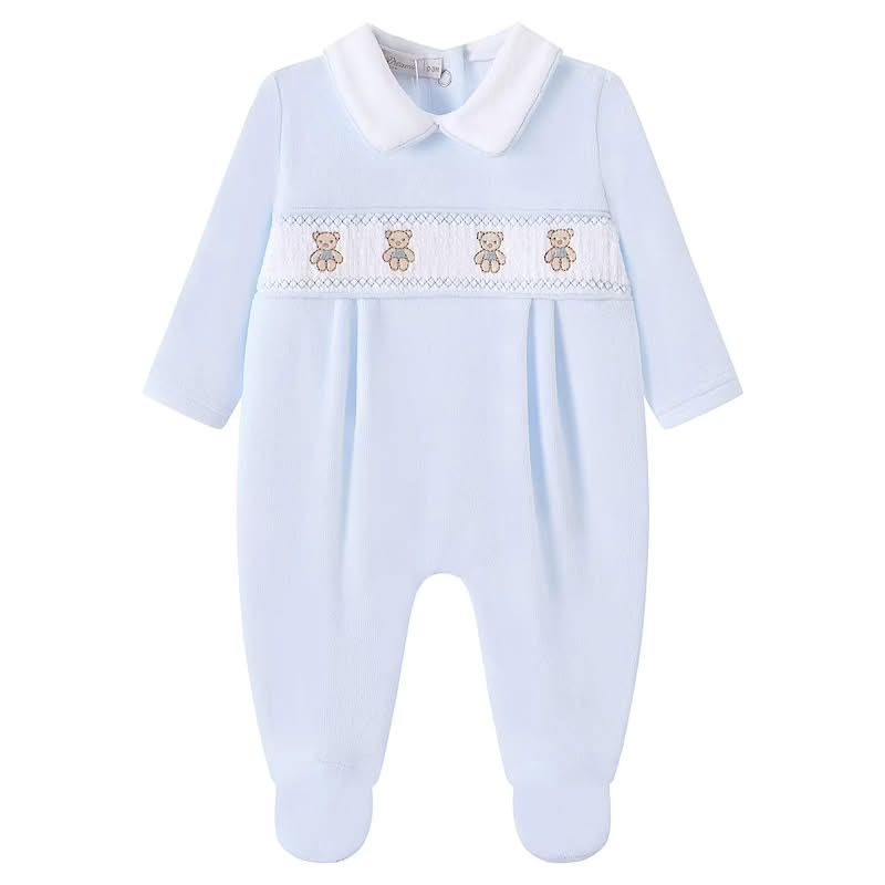 Baby Boys  smocked velour   romper with teddy bear Embroidery