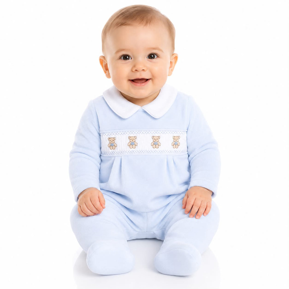 Baby Boys  smocked velour   romper with teddy bear Embroidery