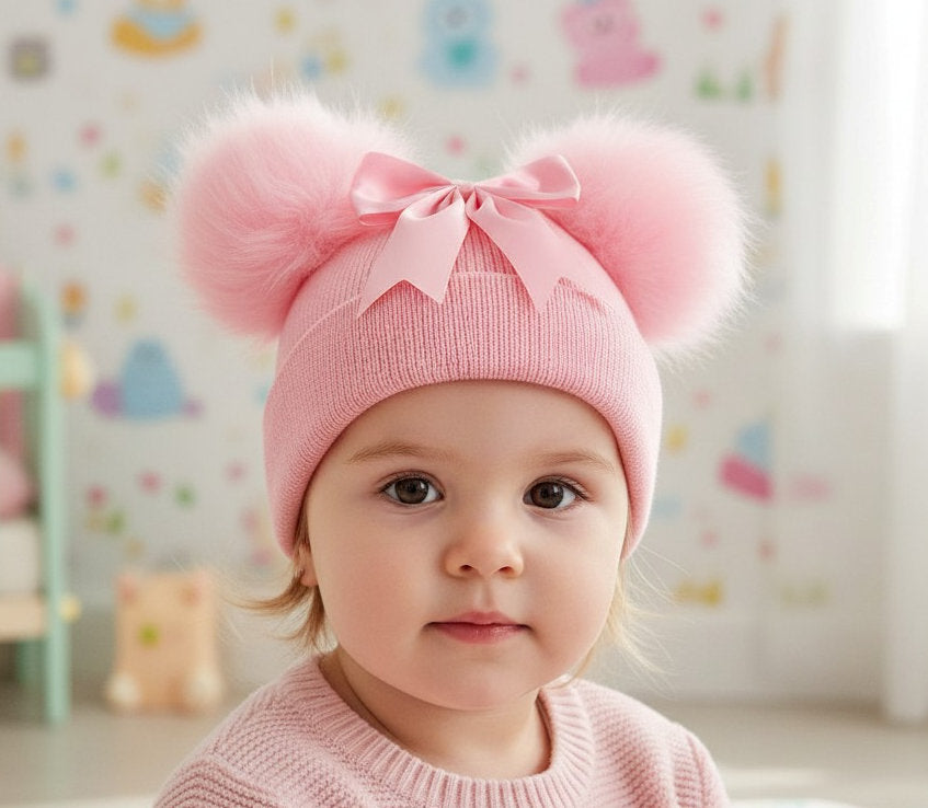 Baby girls pom pom hat with bow