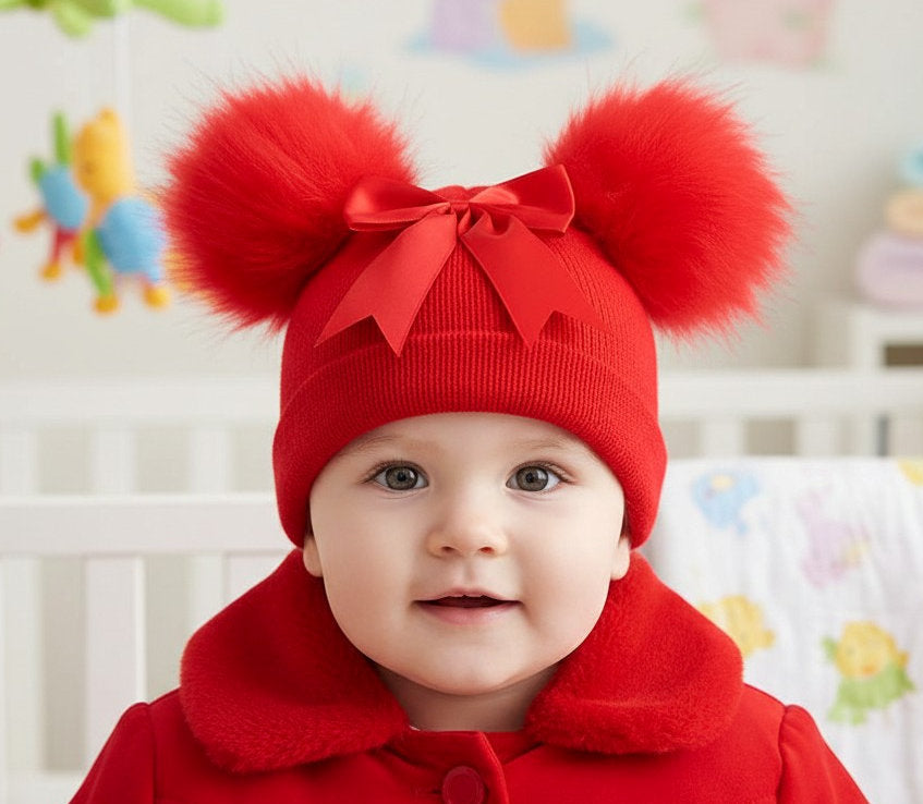 Baby girls pom pom hat with bow
