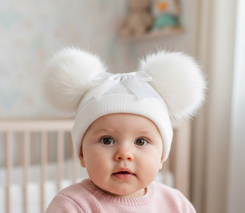 Baby girls pom pom hat with bow
