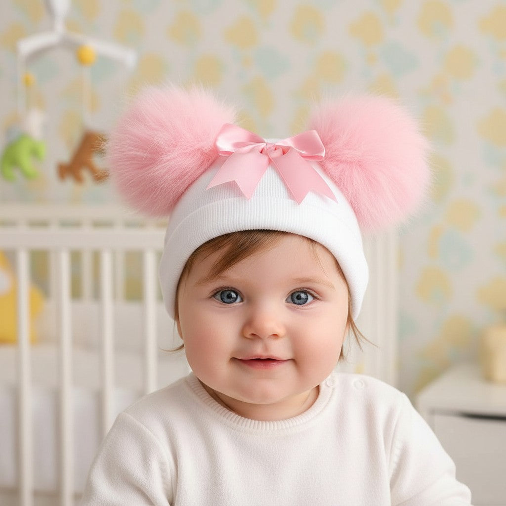 Baby girls pom pom hat with bow
