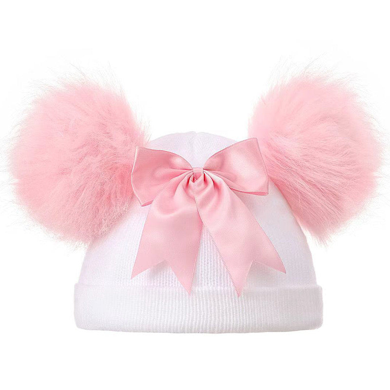 Baby girls pom pom hat with bow