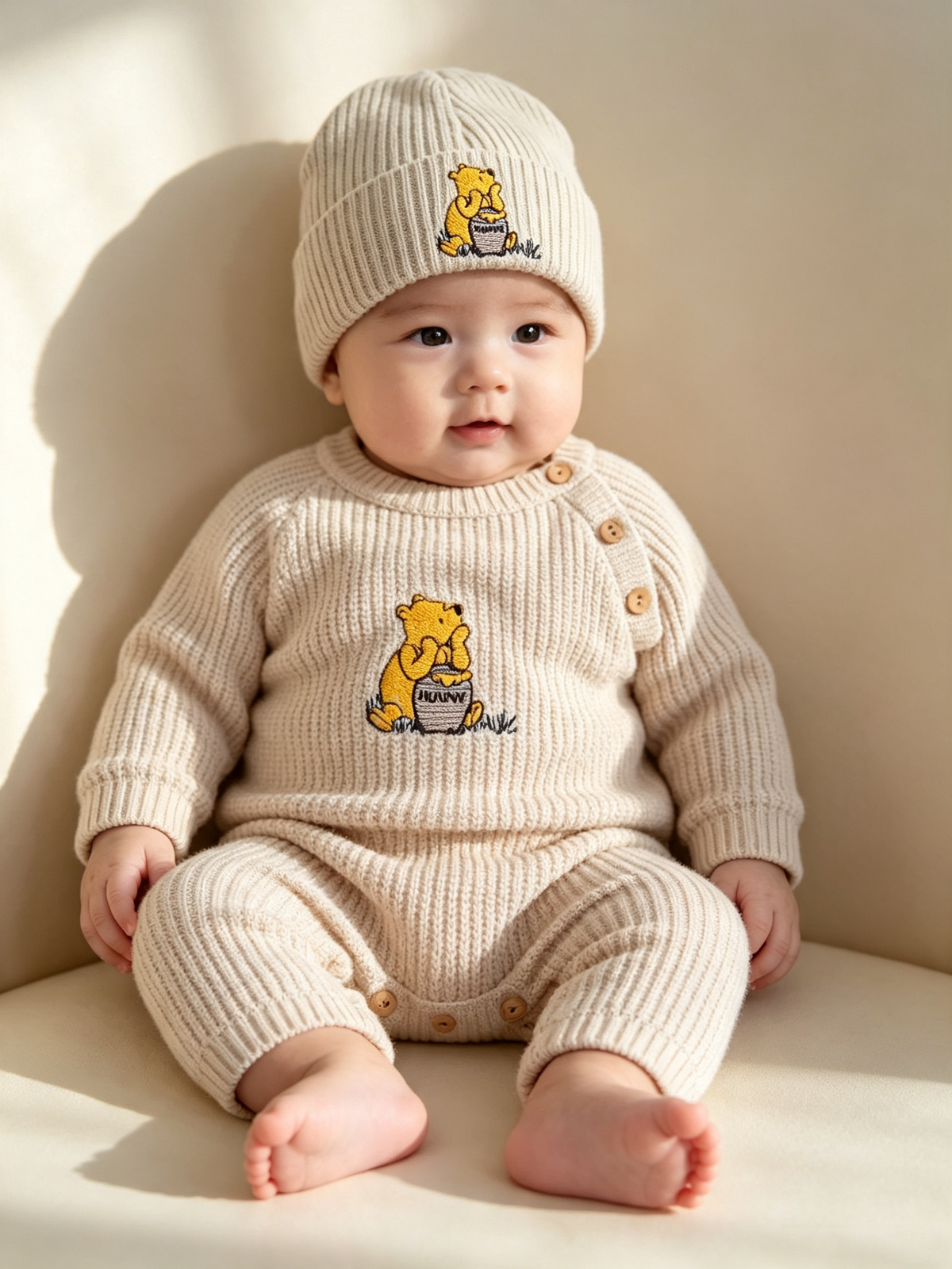 Dandelion unisex babys knitted romper and hat set embroidered with pooh bear