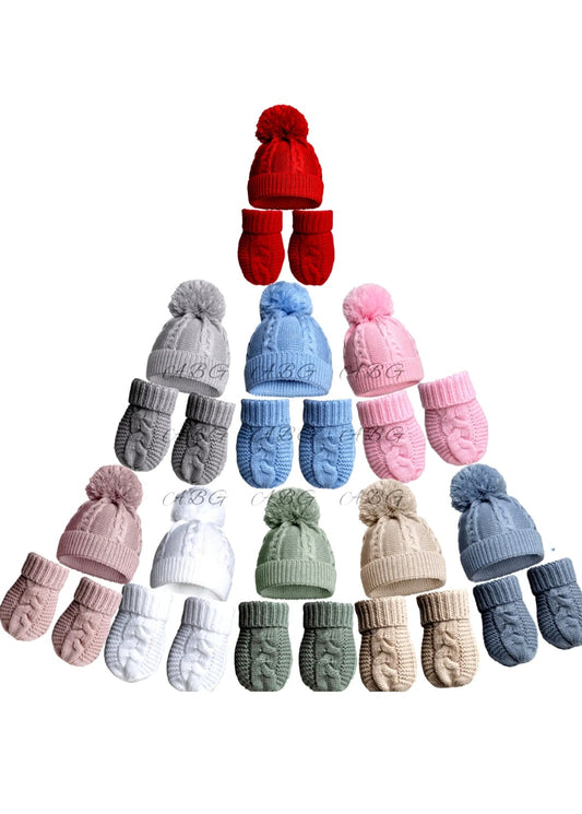 Baby Boys or girls  cable knitted  pom pom hats with mitts  9 colours to choose from sizes newborn to  12 months