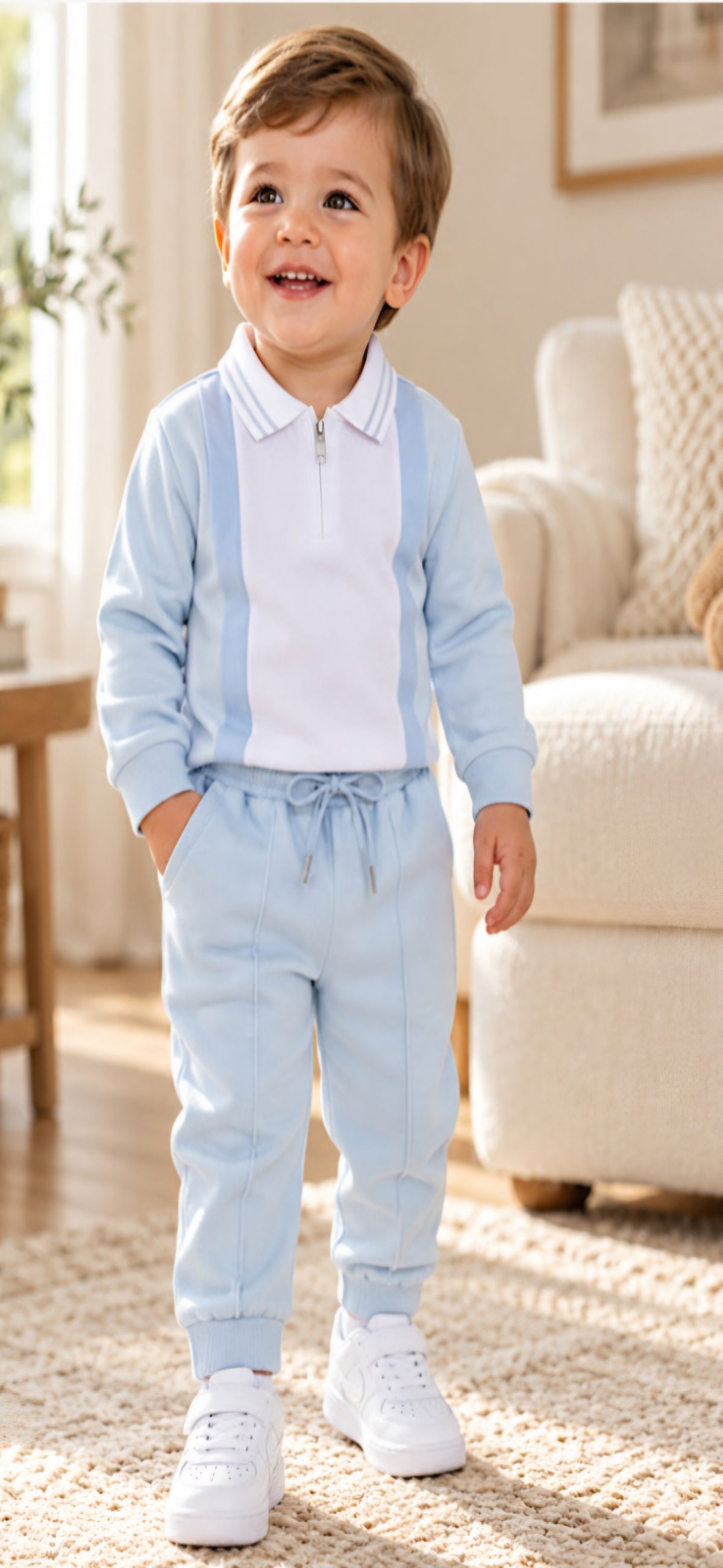 Baby Boys  blue contrast polo tracksuit set with joggers