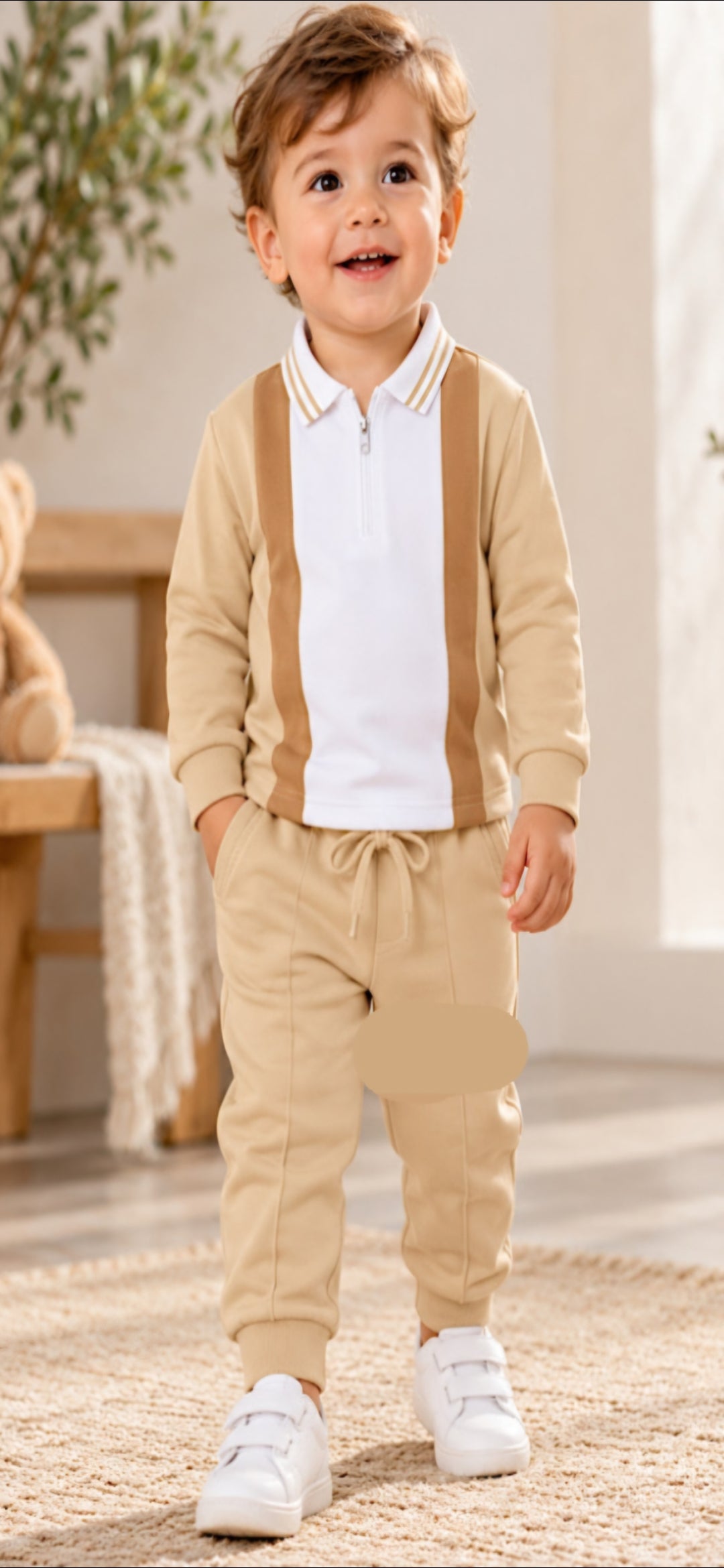 Baby  Boys  beige contrast panel polo tracksuit set with joggers