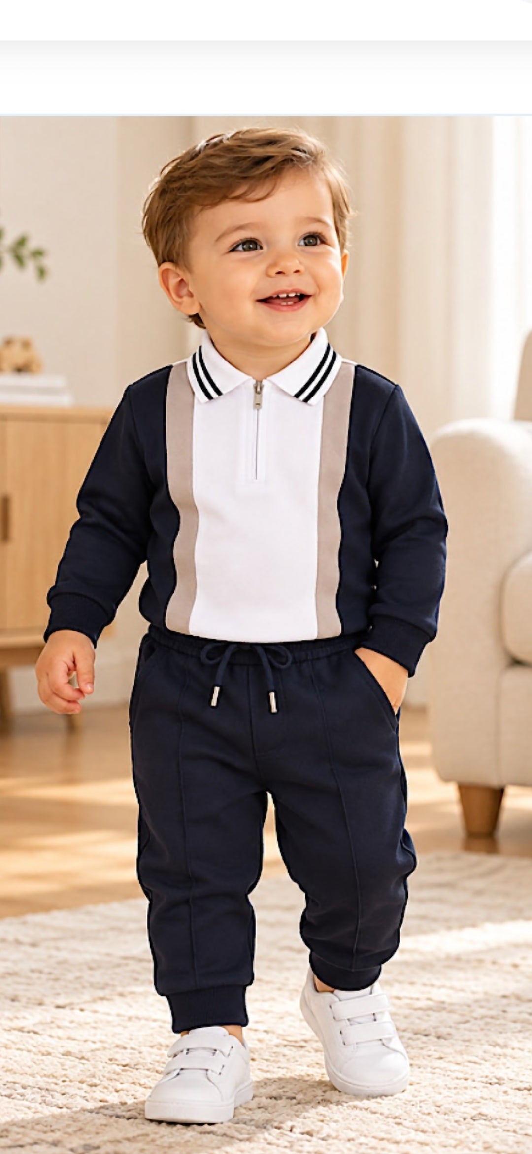 Baby  Boys  navy contrast polo tracksuit set with joggers