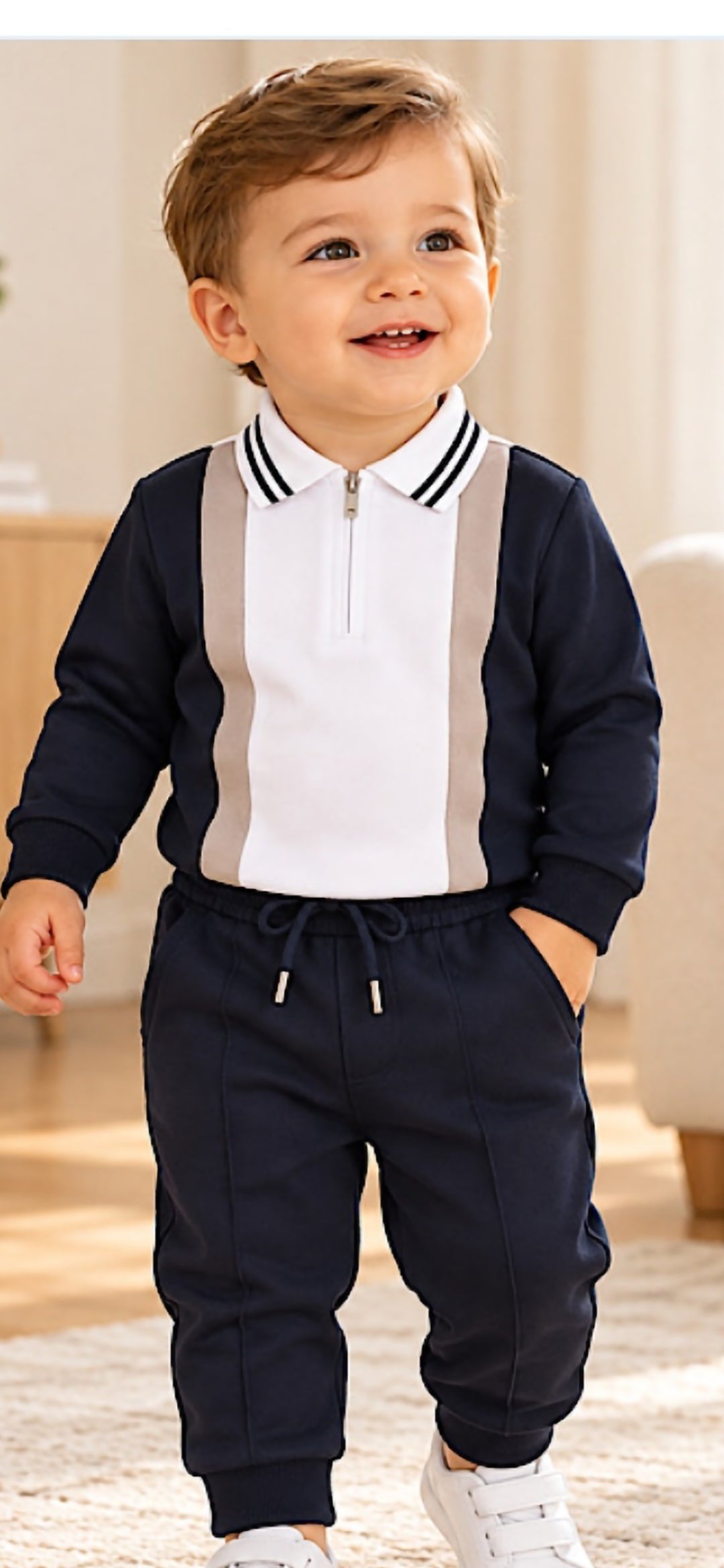 Baby  Boys  navy contrast polo tracksuit set with joggers