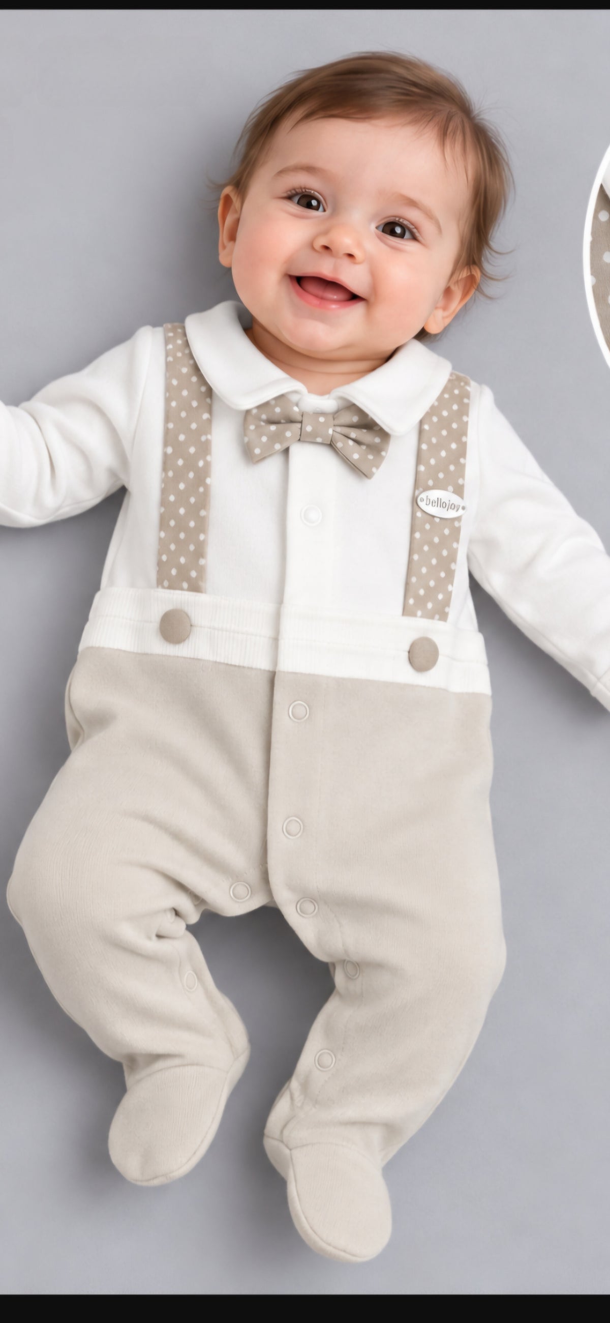 Baby Boys velour all in one attached braces and bow tie romper