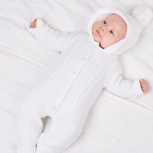 Dandelion pramsuit cable knitted pattern with hood and pom pom