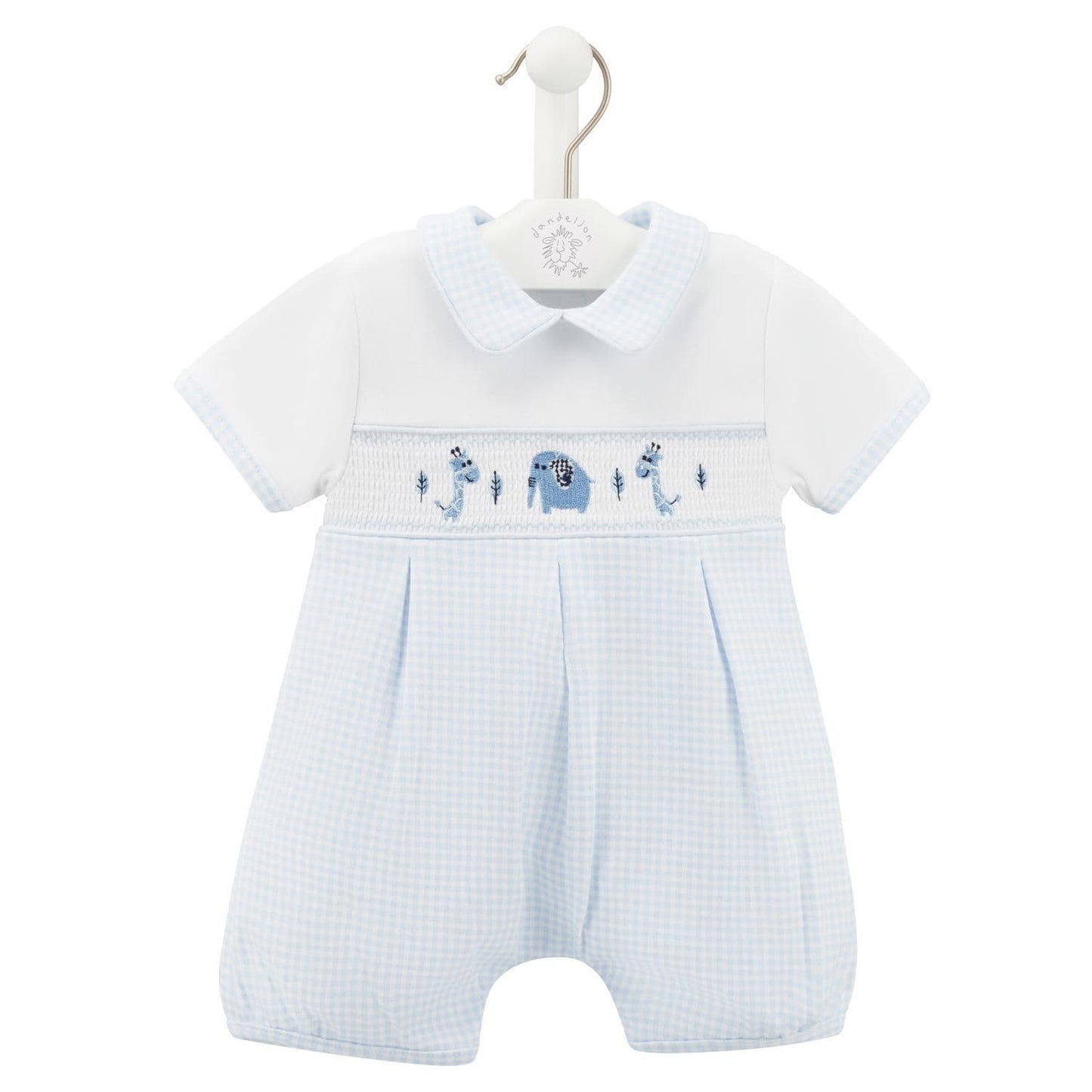 Baby Boys dandelion romper with smocking and  jungle animals embroidery