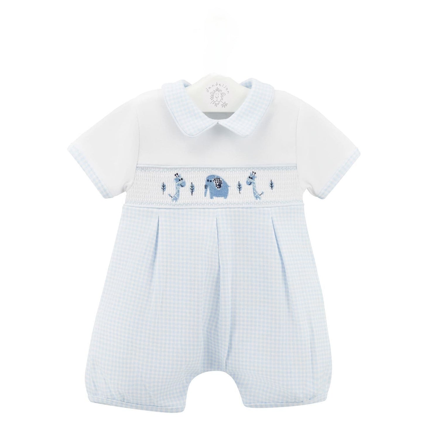 Baby Boys dandelion romper with smocking and  jungle animals embroidery