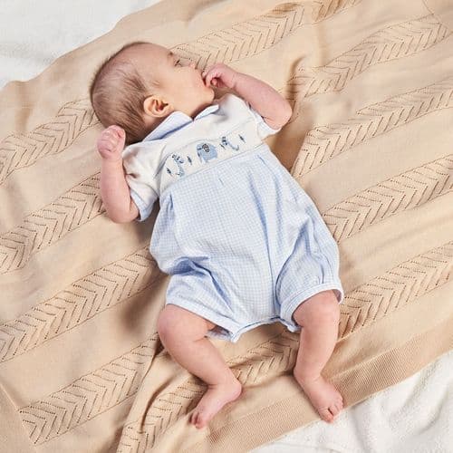 Baby Boys dandelion romper with smocking and  jungle animals embroidery