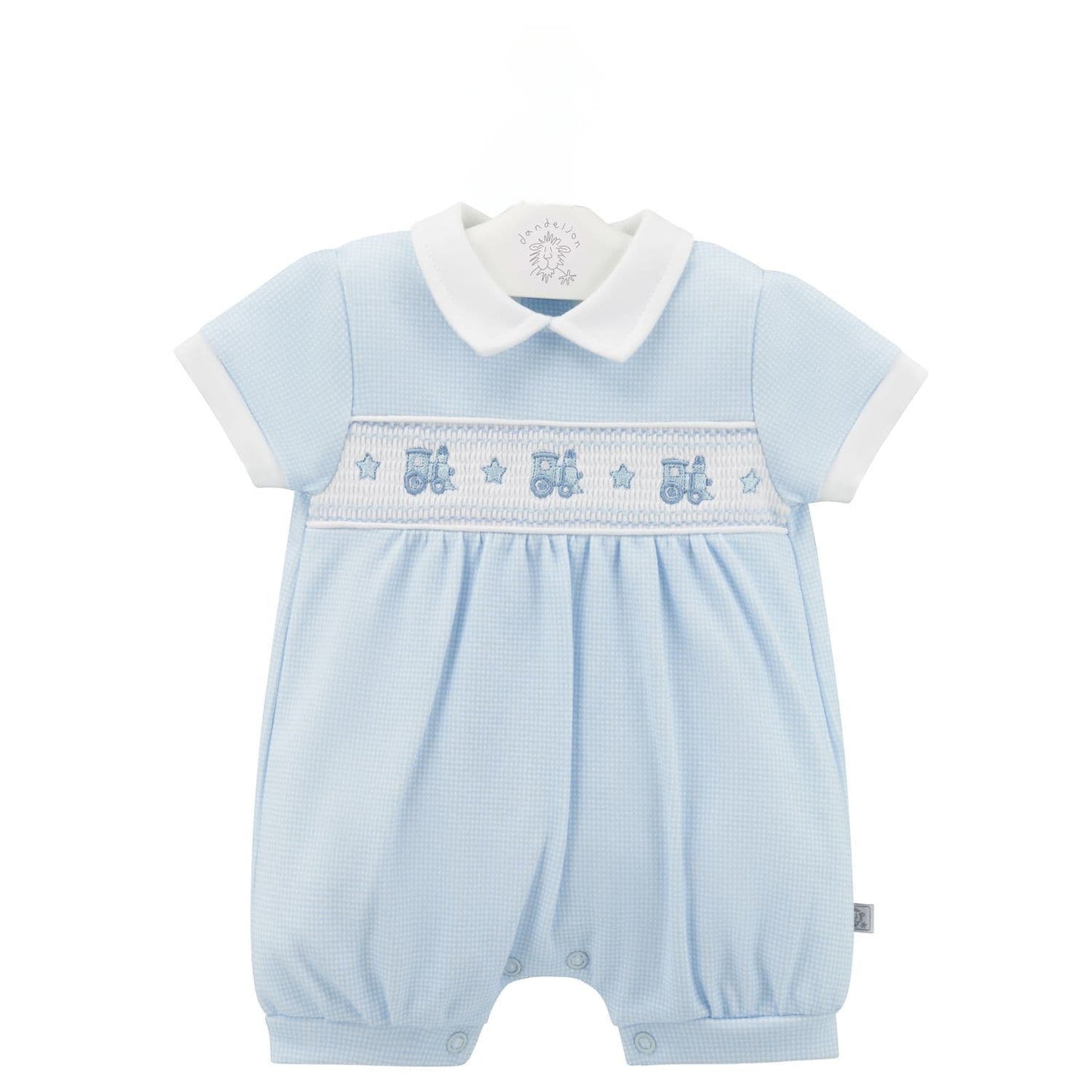 Babys  boys  dandelion  romper with smocking and train endrodiodery