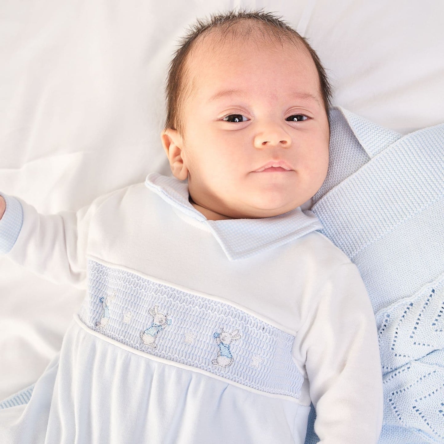 Baby Boys dandelion  romper with smocking and  bunny  rabbit embroidery