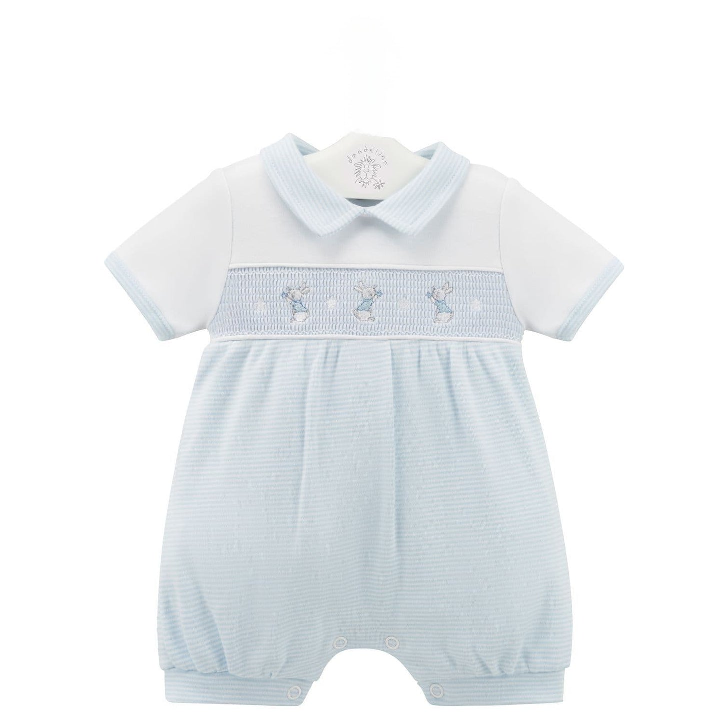 Baby Boys dandelion  romper with smocking and  bunny  rabbit embroidery