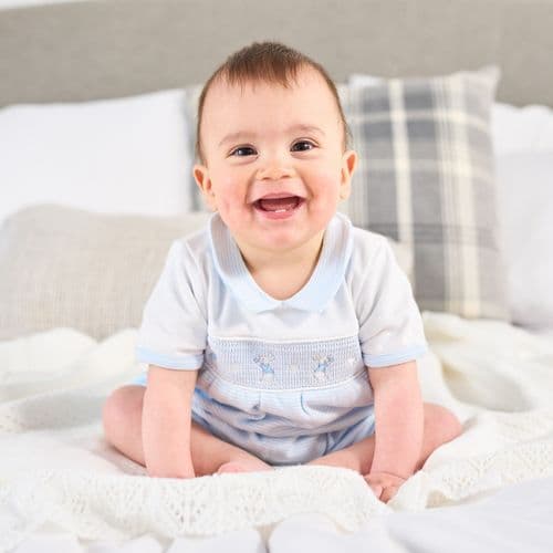 Baby Boys dandelion  romper with smocking and  bunny  rabbit embroidery