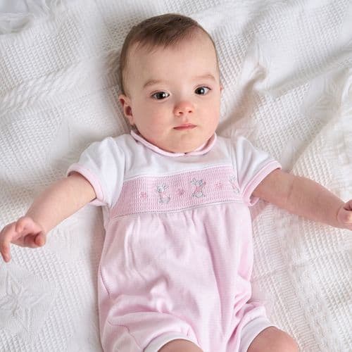 Baby  girls dandelion romper with smocking and bunny rabbit embroidery