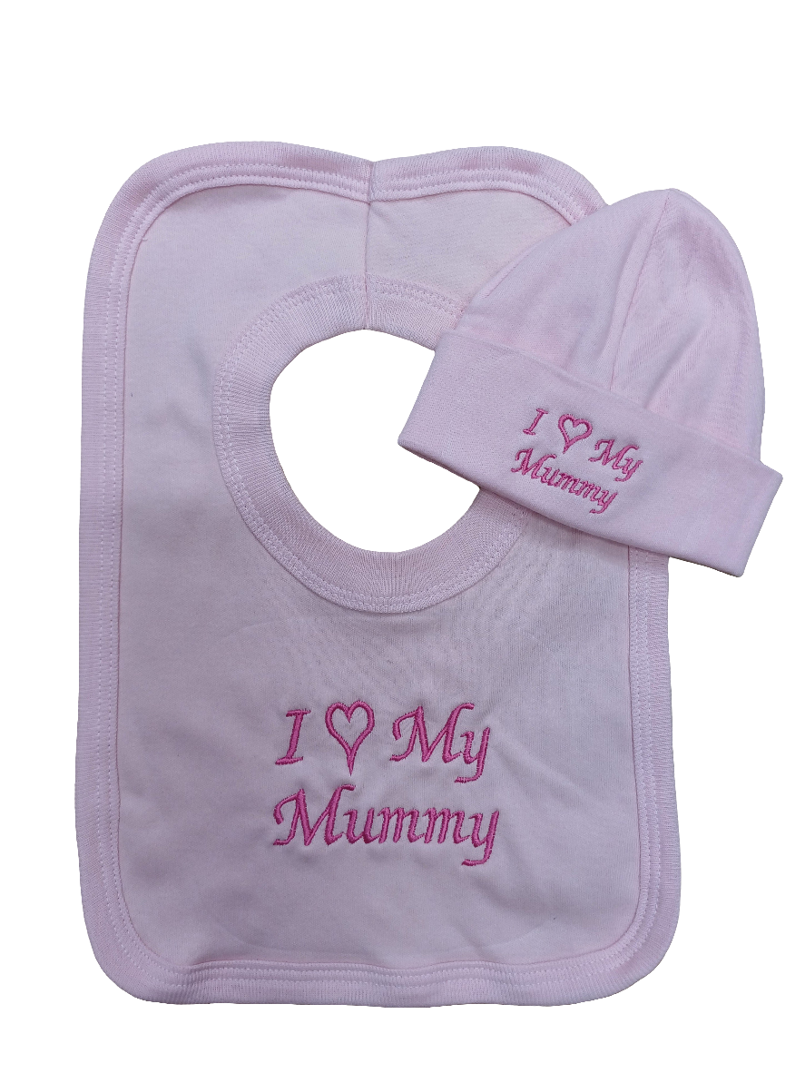 Baby girls  100% soft cotton bib and hat set embroidered with I love my mummy colour pink size newborn