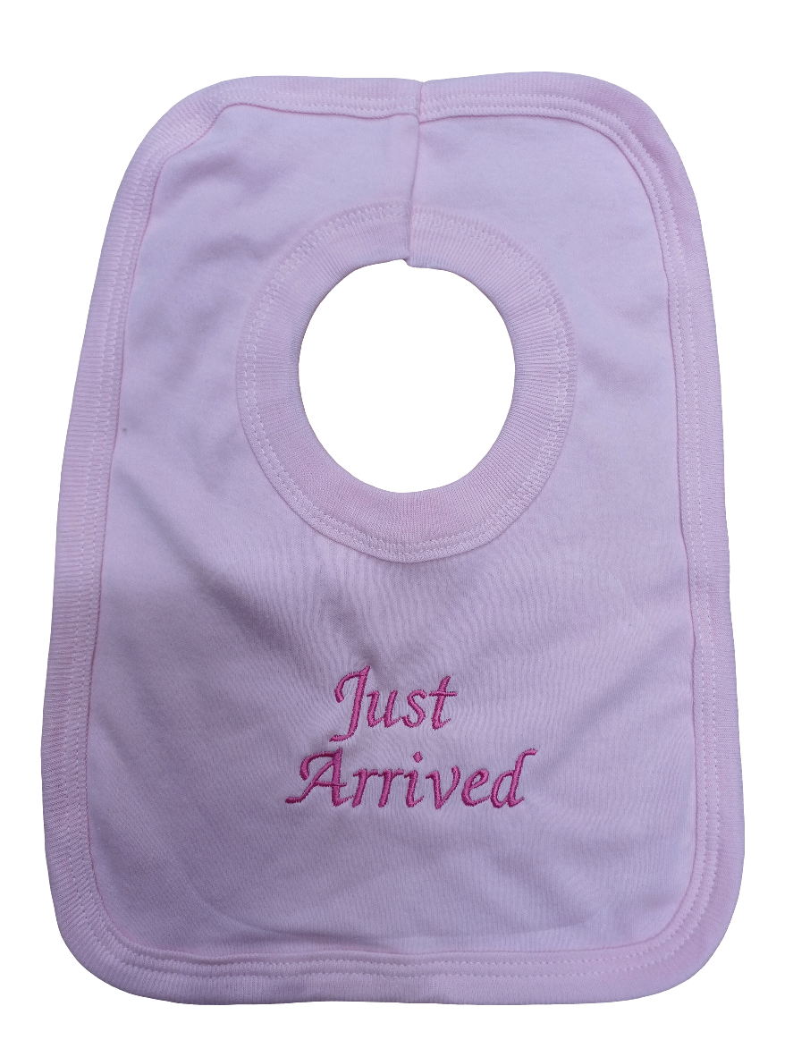 Baby  bibs embroidered with just arrive on  various  colours  to choose from 100% cotton