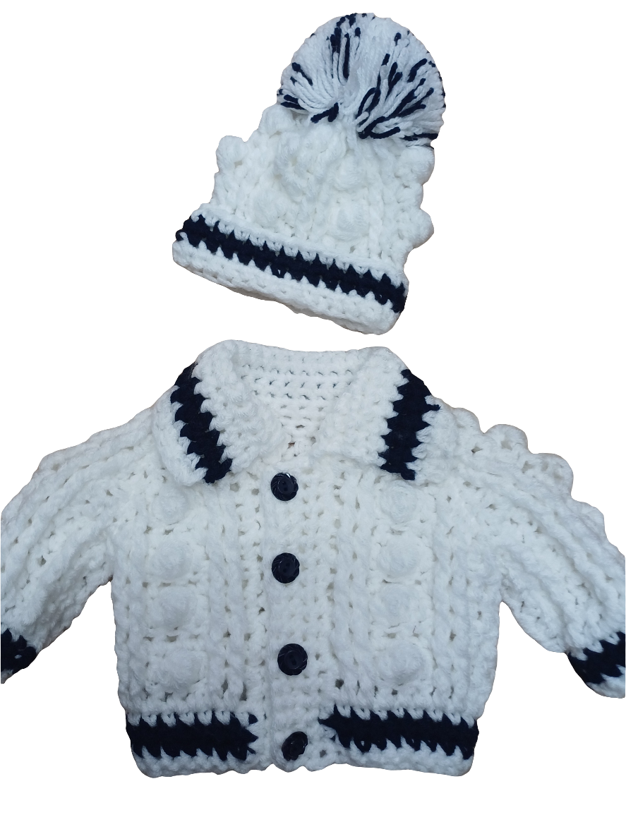 Babys handmade crocheted cardigan and pom hat set