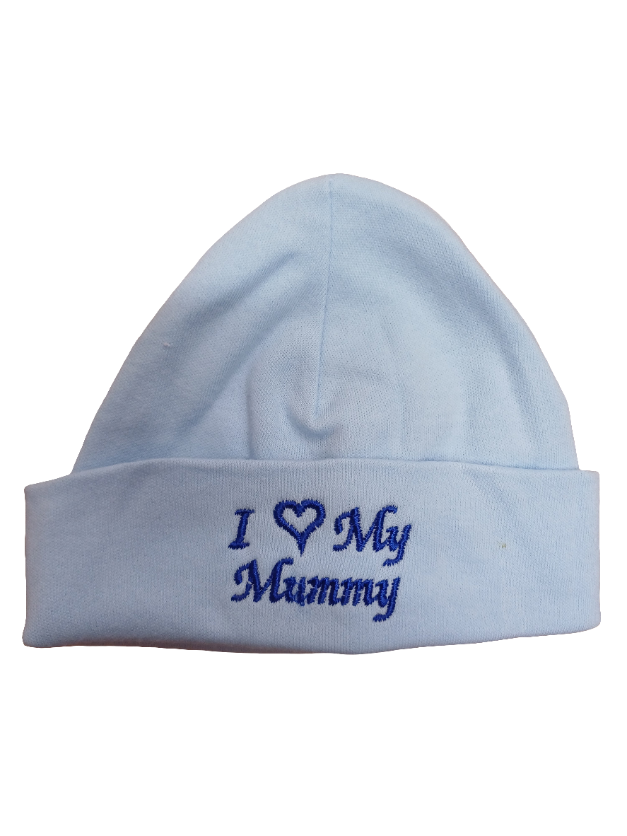 Baby Boys or girls  100% soft cotton hat embroidered with I love my mummy or daddy various colours to choose from size newborn