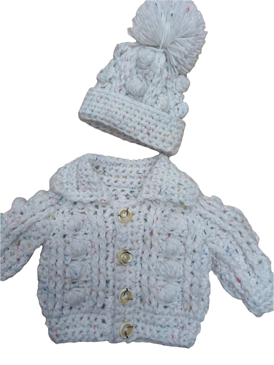 Babys handmade crocheted cardigan and pom hat set