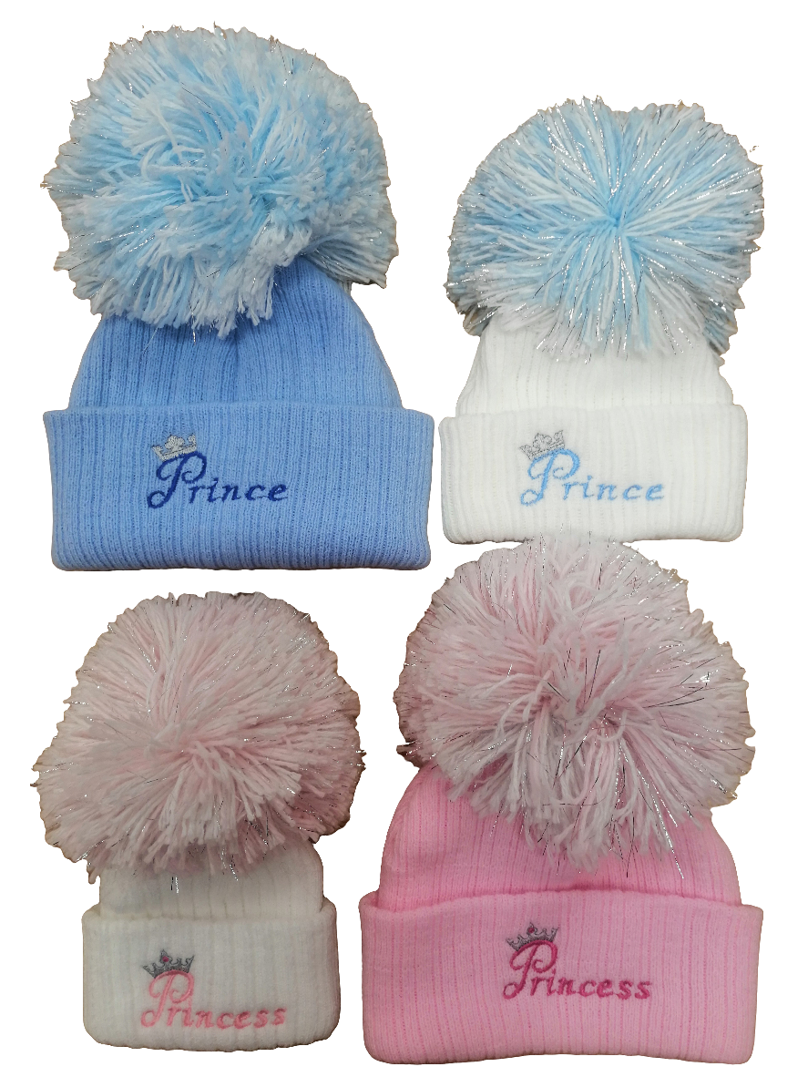 Baby Boys or girls embroidered  pom hats with prince  or princess