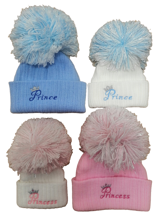 Baby Boys or girls embroidered  pom hats with prince  or princess