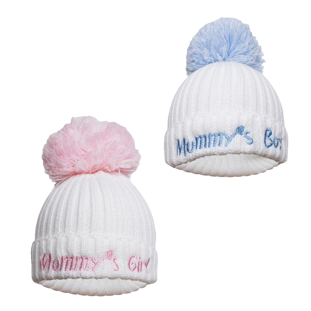 Knitted Hats with pom pom embroidered with mummy's girl or boy