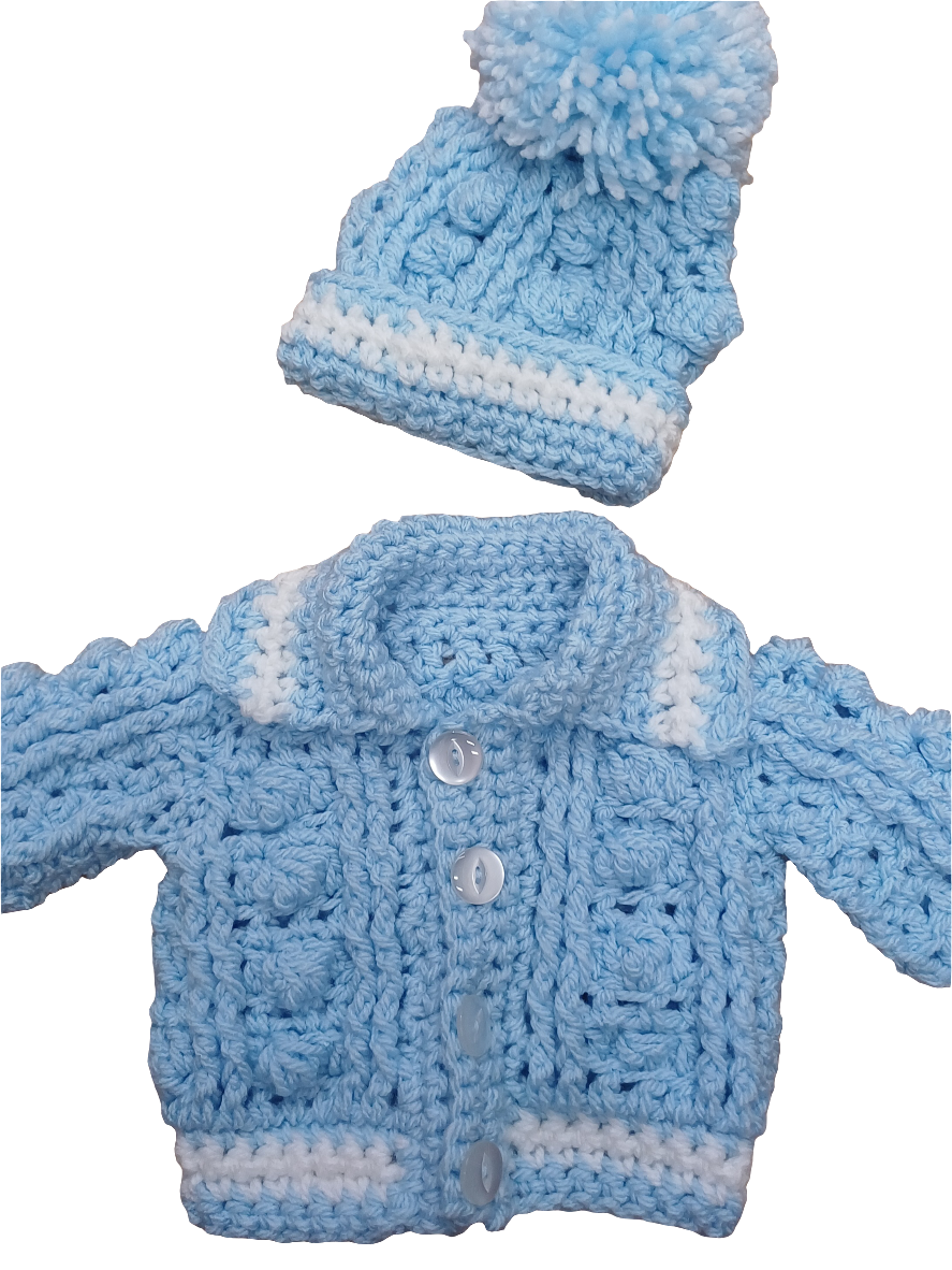 Babys  handmade crocheted cardigan and pom hat set