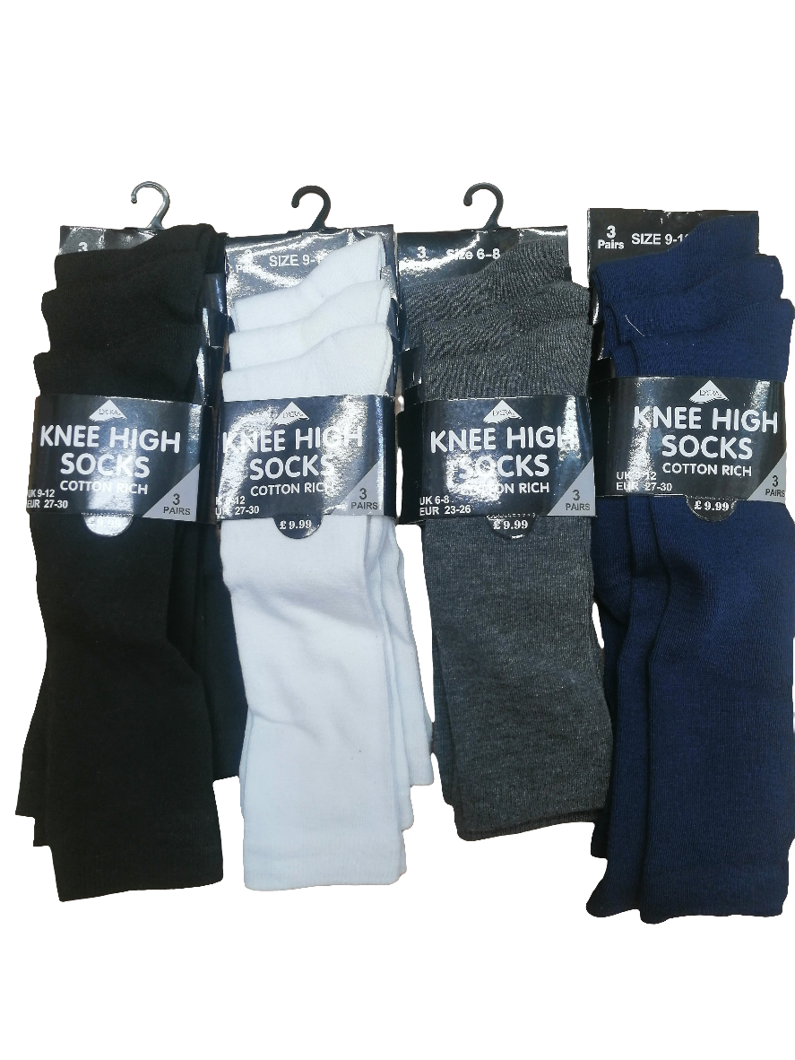 Back to school knee high socks 3 pairs in a pack various colours to choose from and sizes