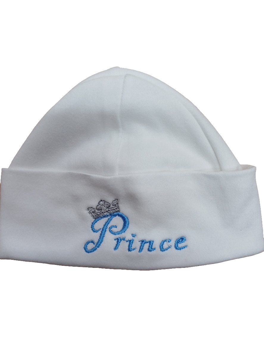 Baby Boys or girls  100% soft cotton hat embroidered with prince or princess size newborn