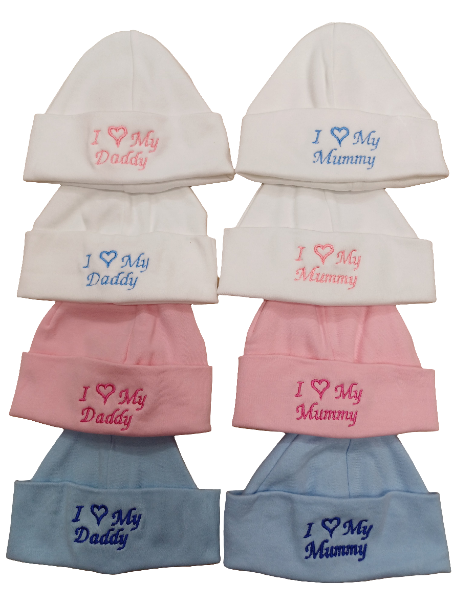 Baby Boys or girls  100% soft cotton hat embroidered with I love my mummy or daddy various colours to choose from size newborn