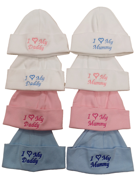 Baby Boys or girls  100% soft cotton hat embroidered with I love my mummy or daddy various colours to choose from size newborn